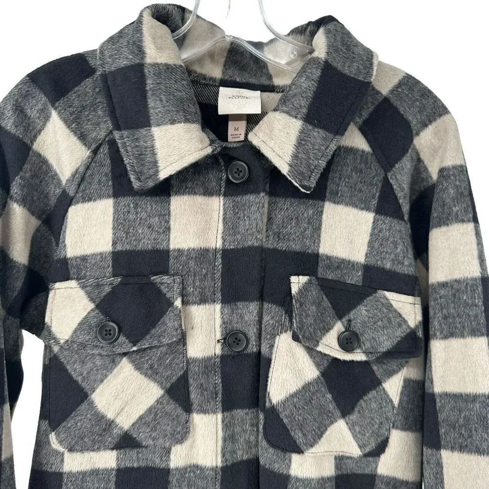 Knox Rose Shirt Jacket Shacket M Plaid Black Tan Classic Cozy Cabin Wool Blend - Picture 3 of 9
